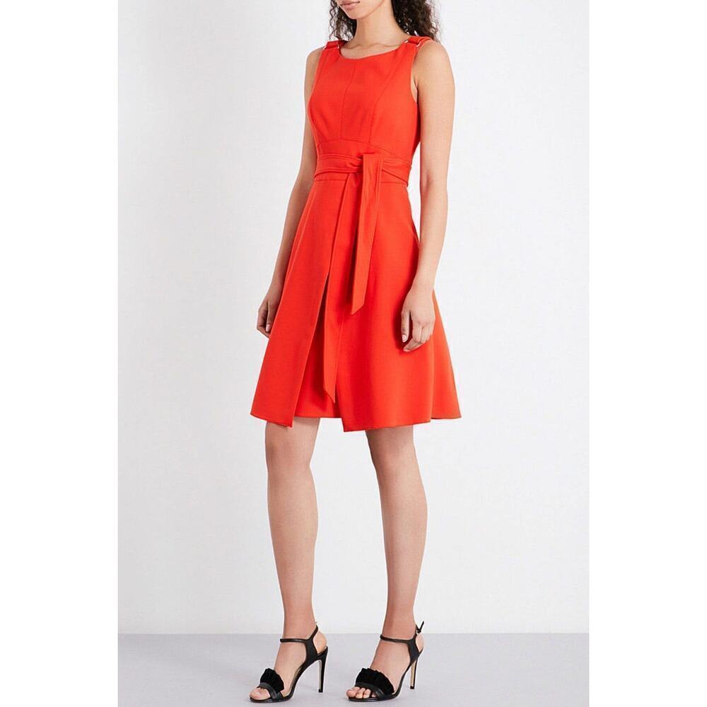 Karen Millen Pleated Belted A-line Crepe Dress Coral Red Size 6 Classic